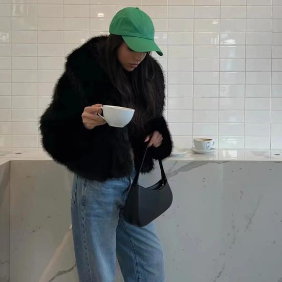 Осень-зима Женский кардиган Пальто Искусственный мех Утолщенный плюш Отложной воротник Чистый цвет Длинные рукава Однотонный кардиган Куртка