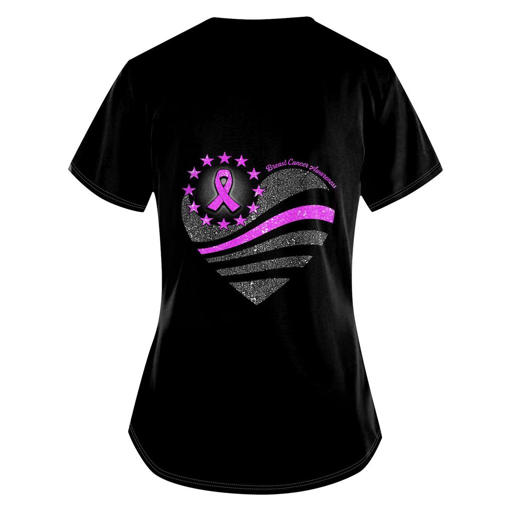 Женская модная рабочая одежда с v-образным вырезом и коротким рукавом с карманной футболкой с принтом.