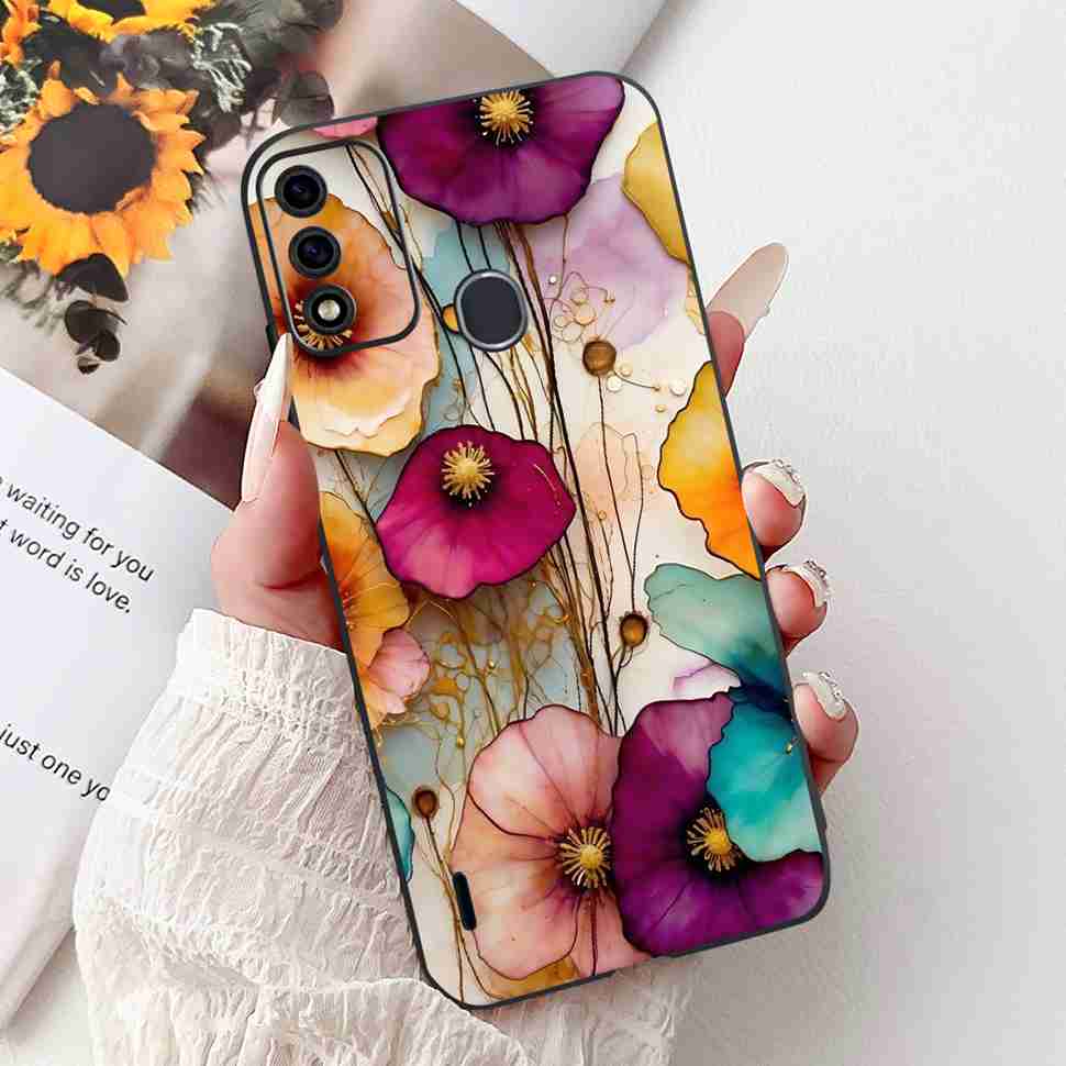 For Itel A48 6.1" Case Fashion Painting Soft Silicone TPU Black Cover For ITEL A48 itel a48 Popular Design Flowers Phone Cases
