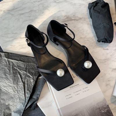 Кожаная версия жемчужные босоножки на толстом каблуке женские с квадратным носком на плоской подошве модная женская обувь