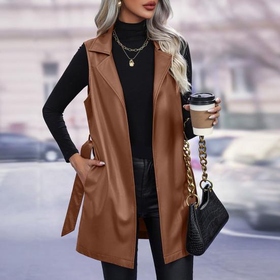 Женский жилет-пальто на осень-весну с поясом, шнуровкой на талии, отложным воротником, гладкий кардиган из искусственной кожи средней длины, женский жилет для поездок на работу и шопинга