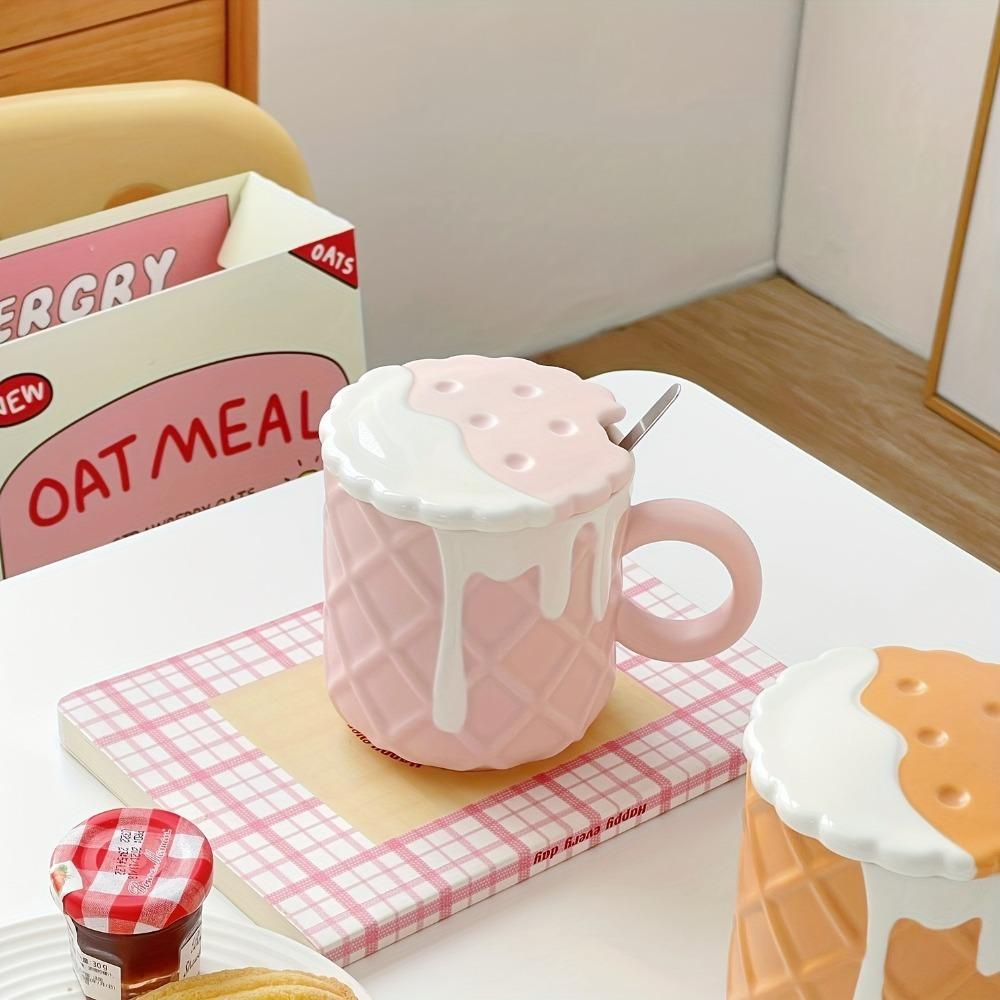 Кофейная кружка с узором печенья, 1 шт., с крышкой и ложкой, 14,2 унции, керамические кофейные чашки, милая кавайная чашка для воды, летняя зимняя посуда для напитков, подарки