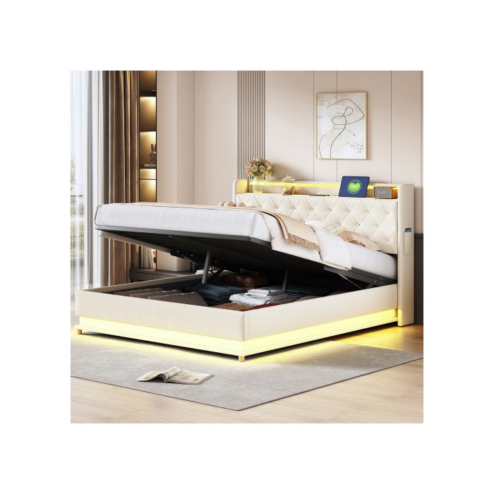 Lit - MUVOE - 160x200 cm - LED avec USB - Rangement hydraulique - Tissu en lin beige