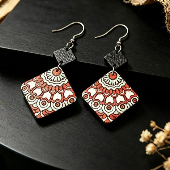 Western Wind Ethnic Wood Geometric Diamond Pattern Double-Sided Earrings