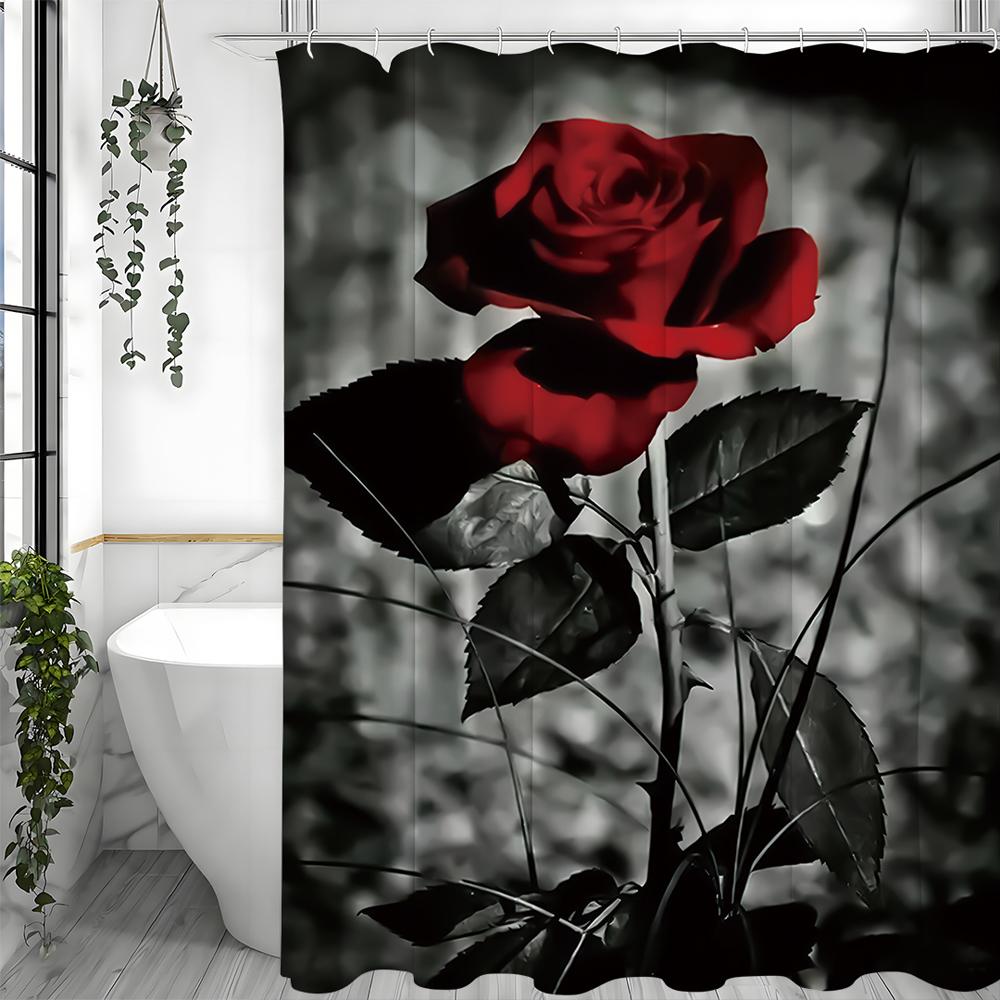 Red Rose Shower Curtain, Bathroom Decorative Shower Curtain, Waterproof Shower Curtain with Hooks