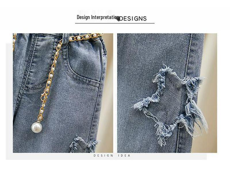 2025 Весна/Осень Джинсы широкие свободные для девочек-малышек с необработанным краем, в корейском стиле