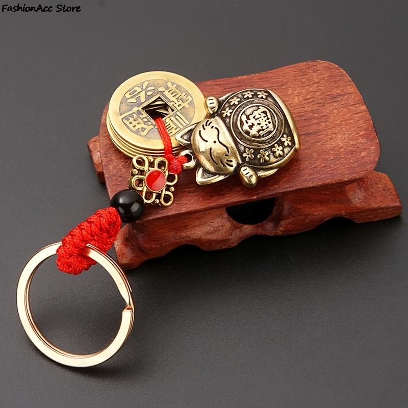Lucky Cat Five Emperors Coin Brass Keychain Pendant Cute Animal Handmade Jewelry,Car Ornaments