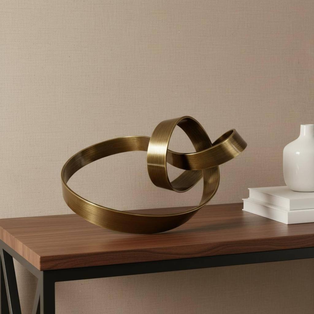 Brass Knot Sculpture Modern Design Abstract Ribbon Statue Polished Finish