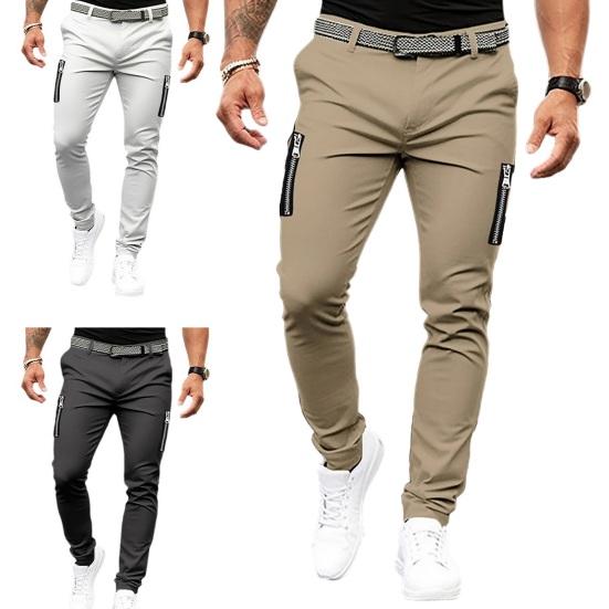 Men Pants Zipper Decor Solid Color Mid Waist Soft Breathable Zip Up Button Closure Pockets Slim Fit Casual Four Seasons Streetwear Jogger Pencil Pants
