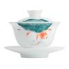 Hand-Painted White Porcelain Sancai Gaiwan Tea Bowl with Fish & Lotus
