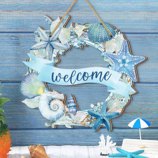 Door Sign Watercolor Starfish Seashells Design Wooden Beach Decor with Hanging Rope Waterproof Outdoor Indoor Seaside Entrance Sign Home Accent