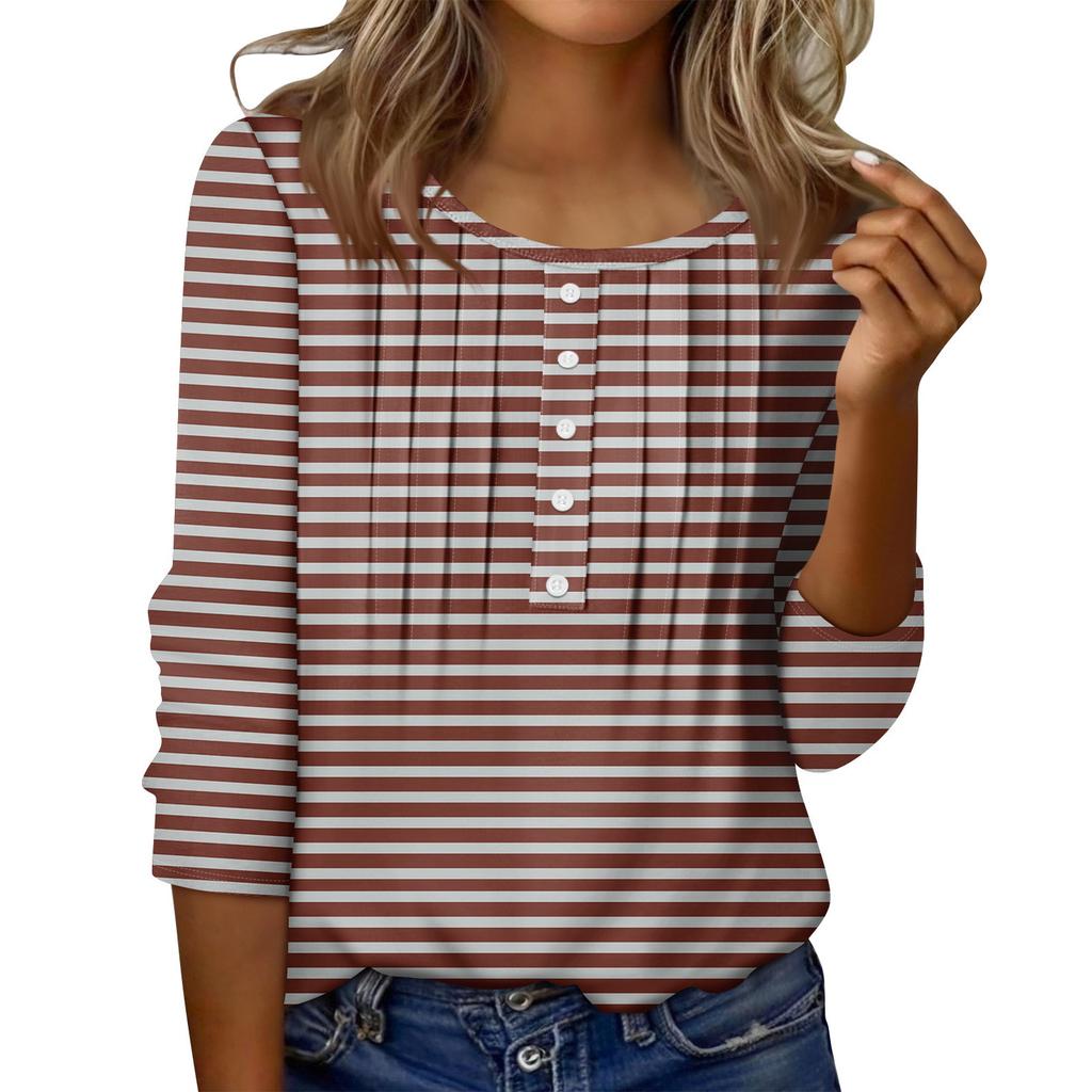 Женский топ с круглым вырезом, декоративными пуговицами и полосками, повседневная футболка однотонного цвета с рукавом 3/4