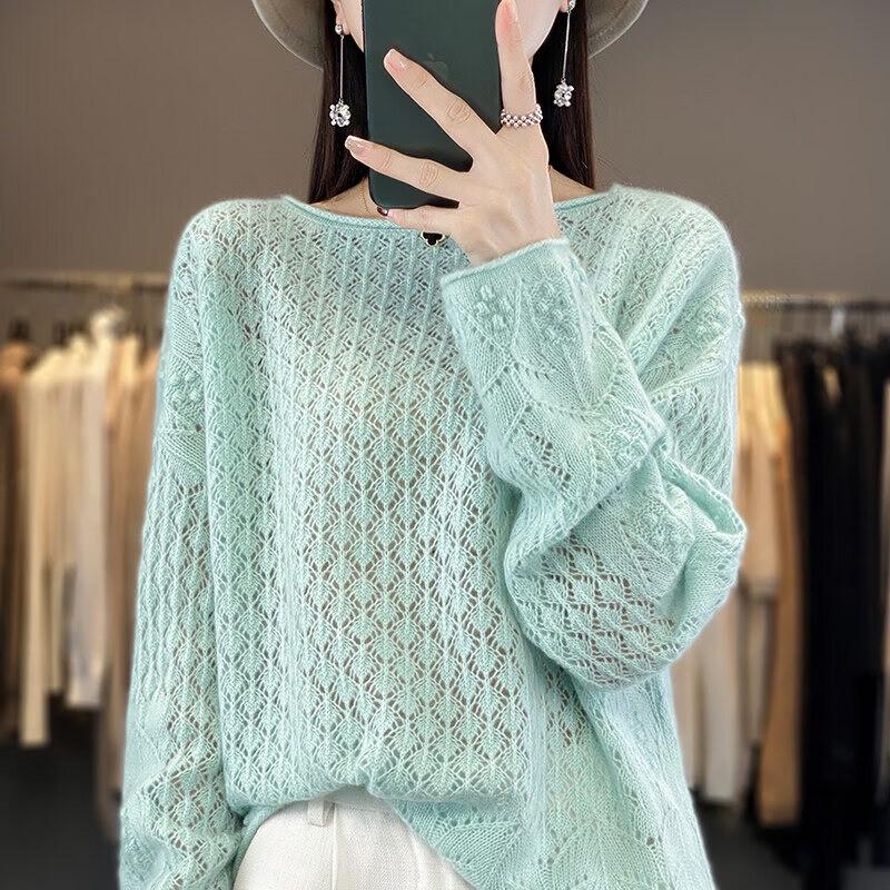 Women's Pure Cashmere Hollow-Out Crew Neck Sweater