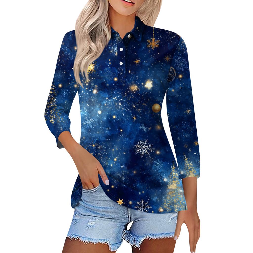 Women's Fashion Casual Lapel Short 3/4 Sleeve Christmas Print Shirt Women's Button Up Tops