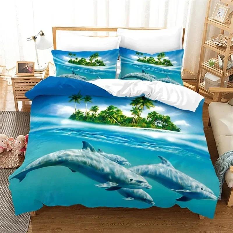 Dolphin Ocean Animal Bedding Set Boys Girls Twin Queen Size Duvet Cover Pillowcase Bed Boys Adult Home Textileextile
