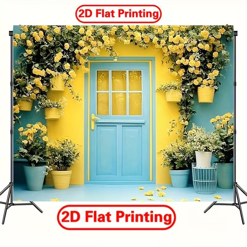 2D Cheerful Teal & Yellow Flower Door Backdrop with String Lights