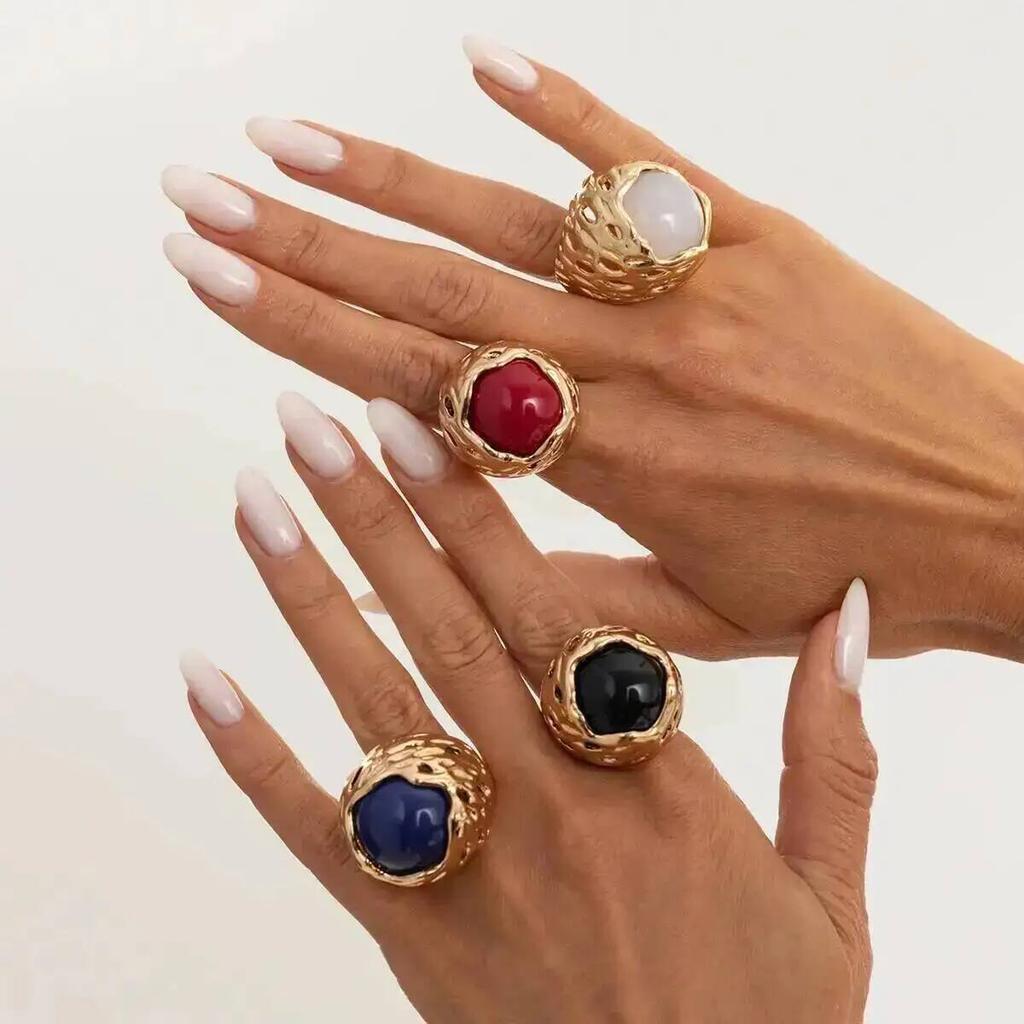 SHIXIN Vintage Hyperbole Irregular Metal Inlaid Resin Thick Textured Round Rings Women Trendy Finger Aesthetics Jewelry Gifts