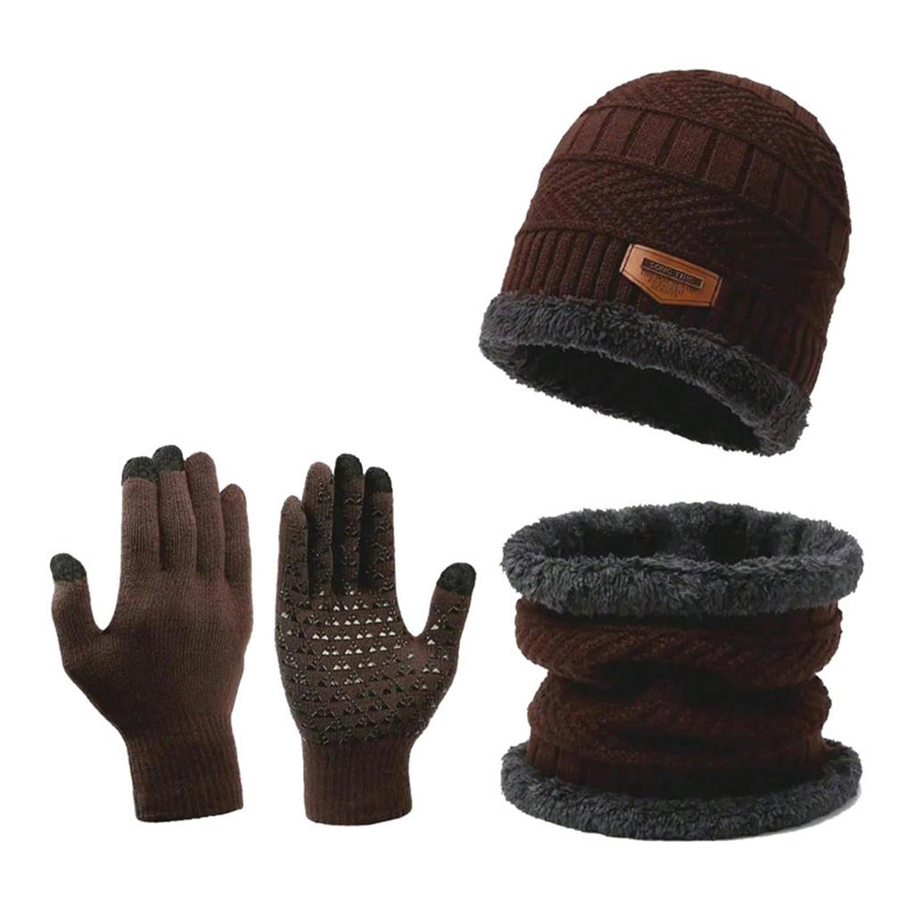 Three-piece Knitted Hat, Winter Warm Hat, Non-slip Screen Gloves, Plus Velvet And Thick Wool Scarf Hat