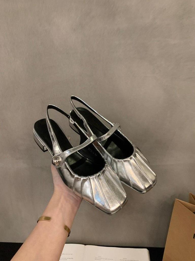 Французские темпераментные босоножки с завязками на голове на низком каблуке, туфли-сандалии, новинка лета 2024 года, серебряные туфли Мэри Джейн на плоской подошве