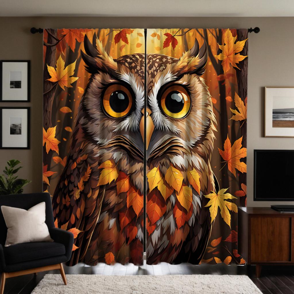 2pcs Set HD Maple Owl Decorative Curtain Yellow Tie Digital Printed Curtain Home Decoration Style Decoration Living Room Bedr