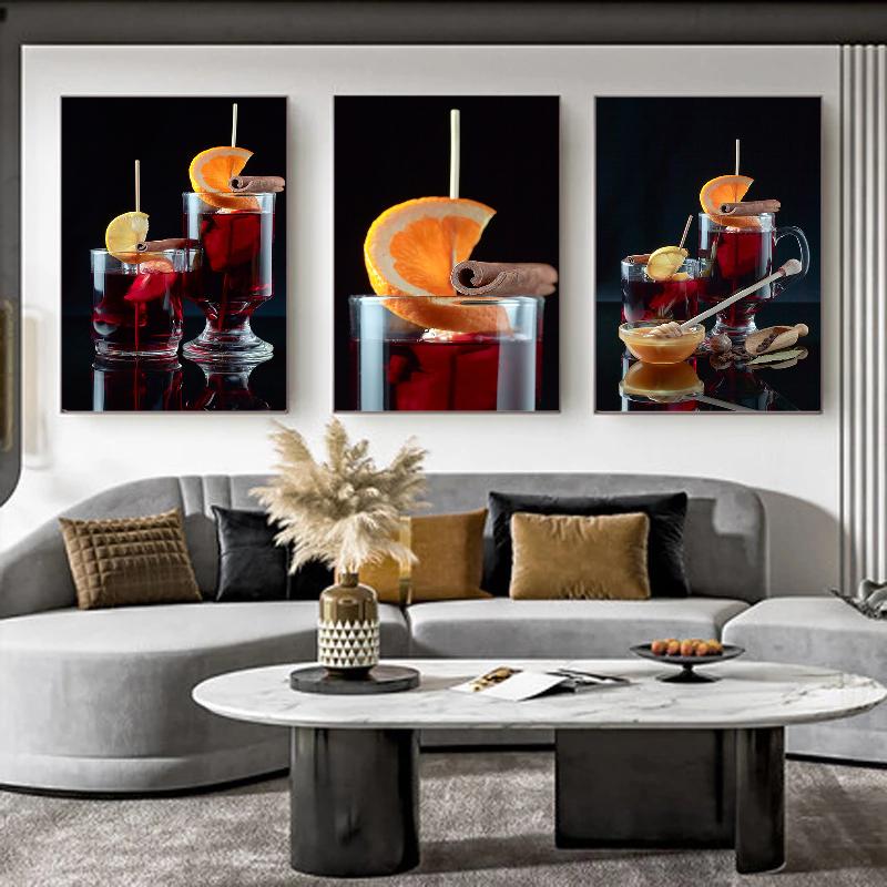 Скандинавское современное искусство, оранжевые фрукты, красное вино, коктейльные постеры, настенные панно на холсте, картина для кухни, комнаты, украшение дома