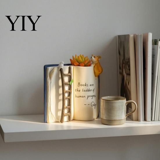 Artistic Reading Lover Gift Book Shaped Flower Pot, Creative Planter with Ladder Puppy And Bird Design for Versatile Balcony Decoration Succulents