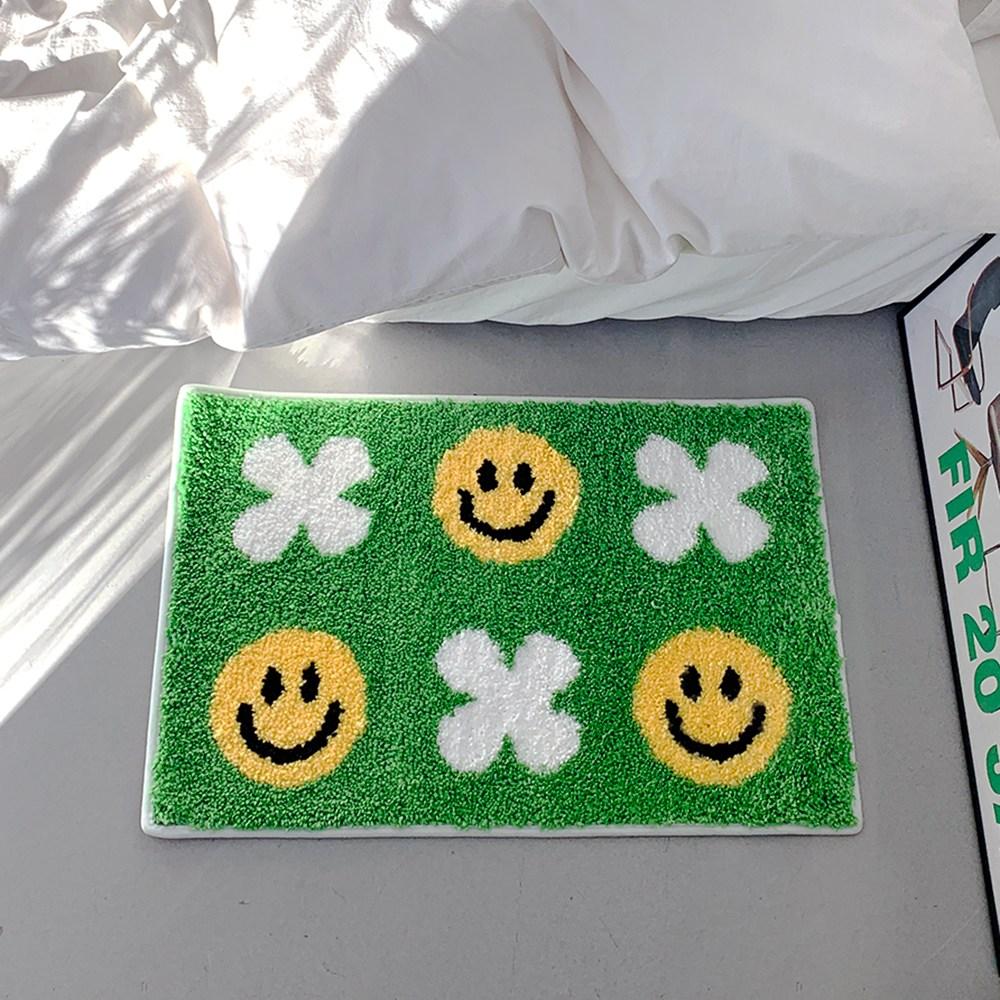 Checkered Smile Face Plush Carpet Simple Non-Slip Water-Absorbent Bathroom Mat Living Room Bedroom Carpet Home Decoration