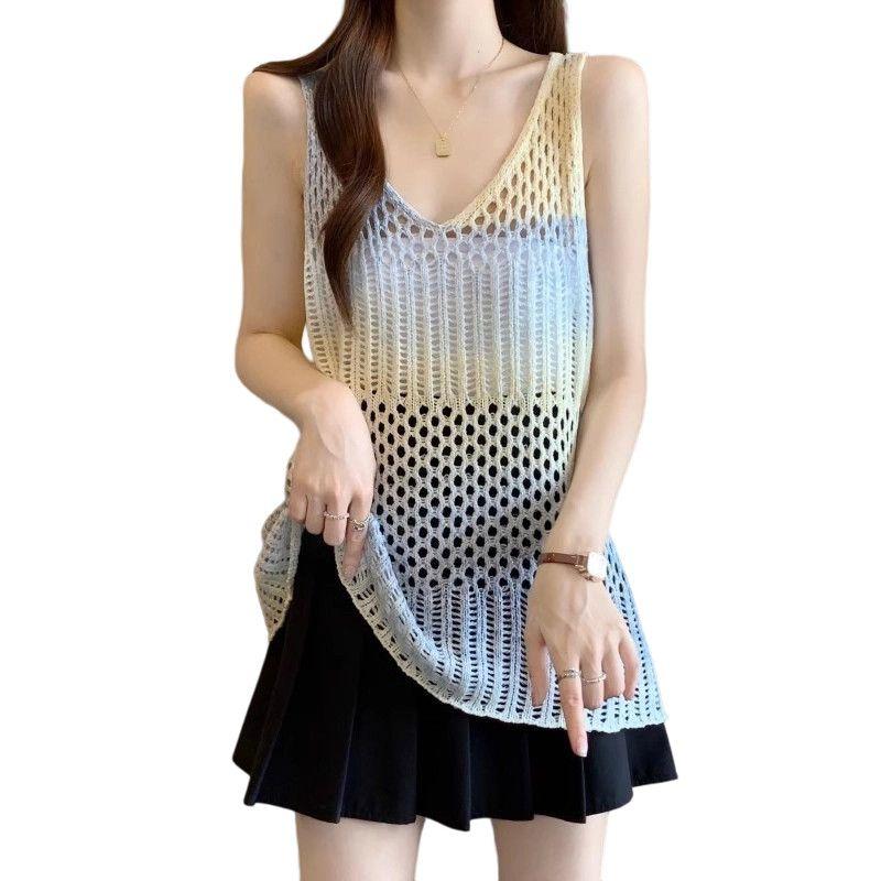 Knitted Tank Gradient Hollowout Camisole Top Outerwear Womens Summer Plus Size Sleeveless Hole Mesh Top