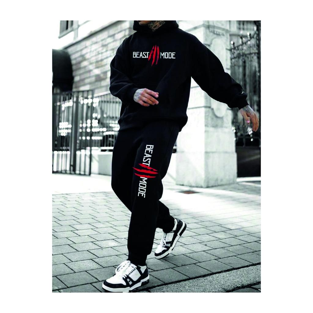 Черный мужской базовый эластичный спортивный костюм с капюшоном и принтом зверя, черный мужской комплект из хлопка с принтом