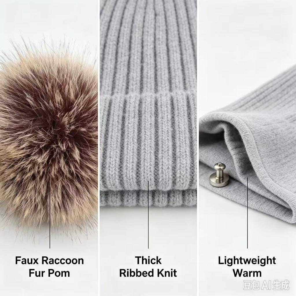Women Ribbed Knit Beanie Hat with Large Fluffy Faux Fur Pom‑pom Folded Cuff Warm Solid‑Color Winter Cap Soft Elastic Headwear