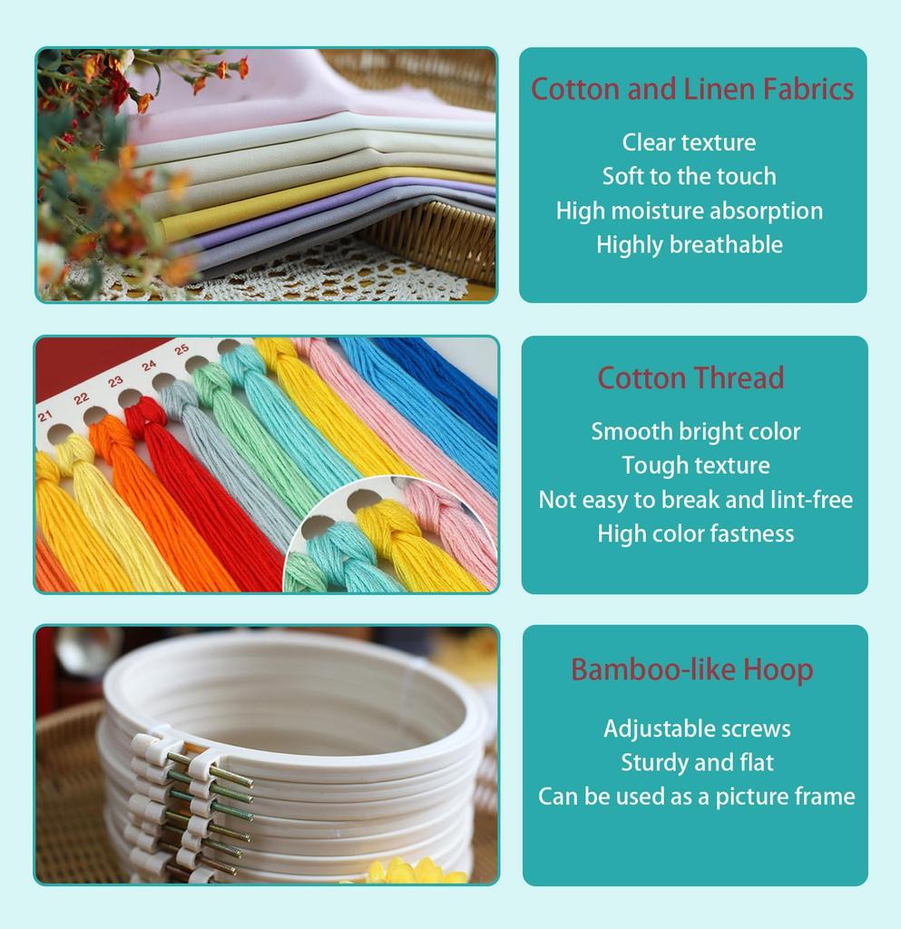 IUHUI Embroidery Kit for Advanced Adults Cute Cat Country II Pattern DIY Hand Stitch Embroidery Set with Hoop Cat - (Cute Flower)