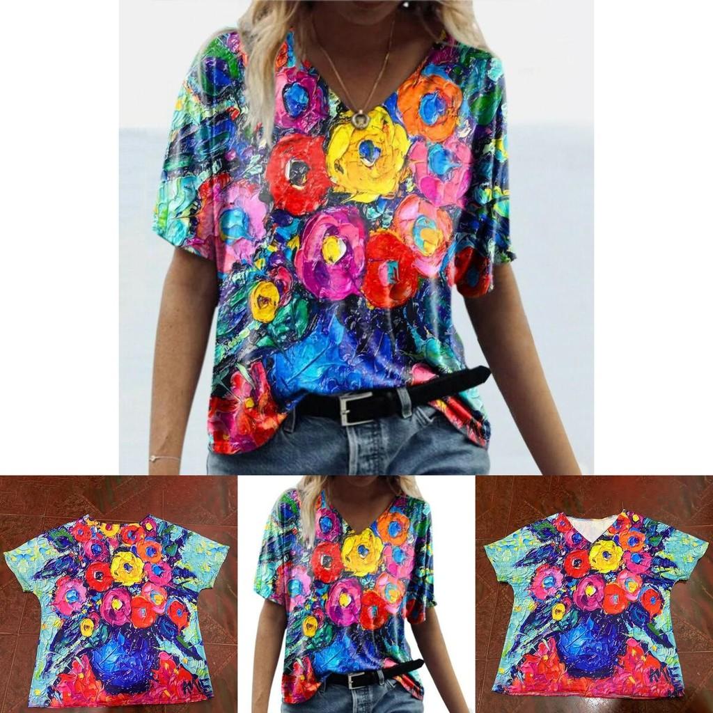 Summer Casual T Shirt With Floral Print And V Neck For Women