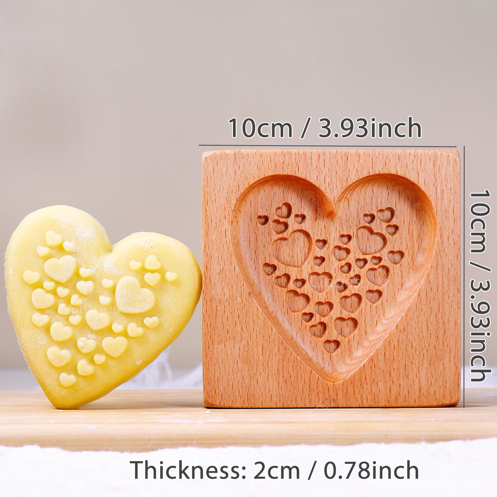 Wood Cookie Molds with Heart & Flower Patterns, 3D DIY Carved Embossed Cookie Cutter Moulds for Baking, Fondant Cake Biscuit