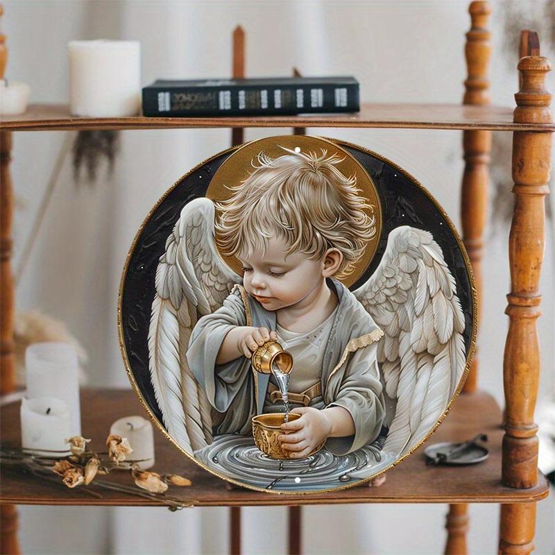 Круглая деревянная табличка «Маленький мальчик-ангел», легко вешается на дверь, настенный декор, простой и стильный подвесной декор для двери туалета, табличка для туалета унисекс для дома и офиса