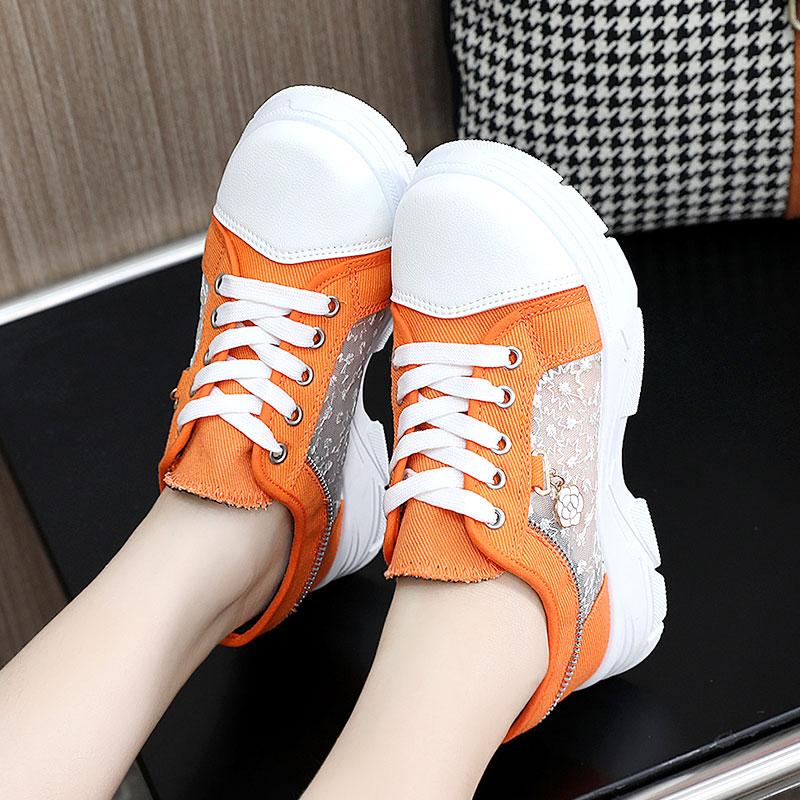 Мода Женская обувь Модная летняя повседневная обувь Вырезы Кружева Холст Полые дышащие Платформа Плоские туфли Женские кроссовки