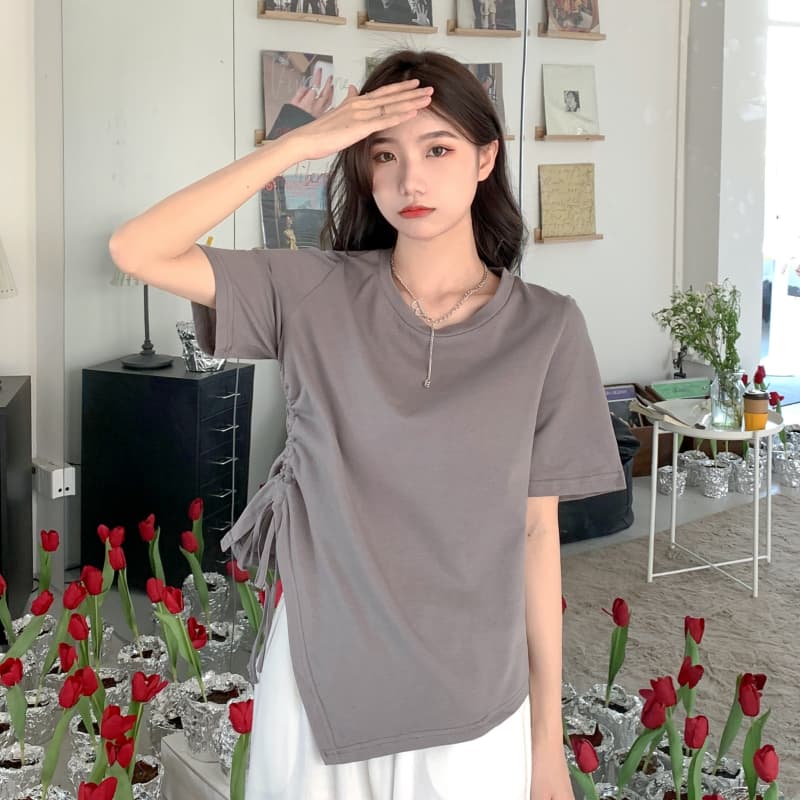 Летние нерегулярные однотонные футболки Женские футболки с коротким рукавом и круглым вырезом, повседневные, тонкие, эластичные, со шнурком, укороченные топы y2k, женская одежда