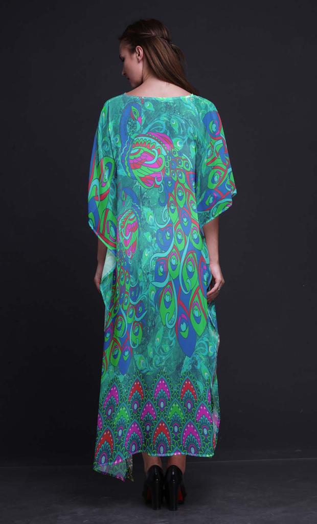 Phagun Peacock Bird Long Caftan Maxi Dress Beach Swimwear Cover Up Womens