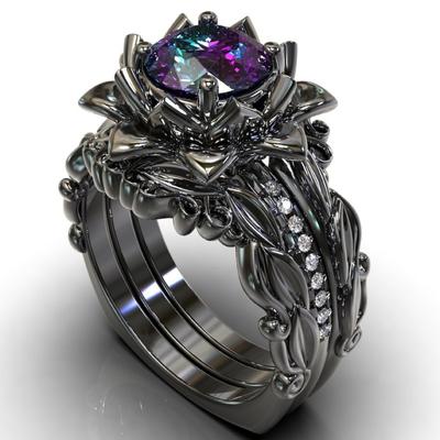 Кольцо Gun Black Ring из трех частей для женщин с инкрустацией розой из циркона