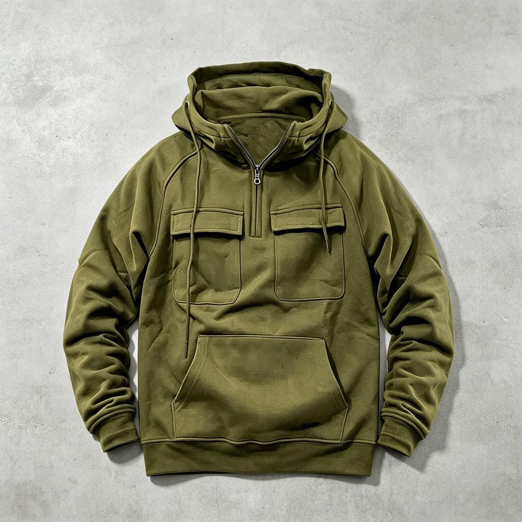 Men's Retro Workwear Hoodie Half Zip Oversize Multi-Pocket Solid Color Pullover Casual Streetwear