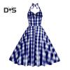 Женское розовое клетчатое платье без рукавов 1950-х годов со шнуровкой, бантом, халтером, скрытой молнией, приталенным подолом, коктейльное платье-халат с высокой талией и А-силуэтом