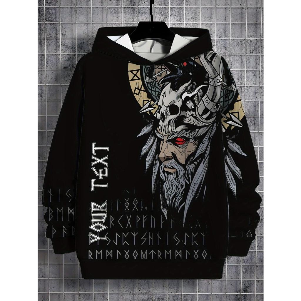 Худи для мальчиков с 3D-принтом «Скандинавская мифология» - Черный узор «Череп викинга и руны», Высококачественная печать