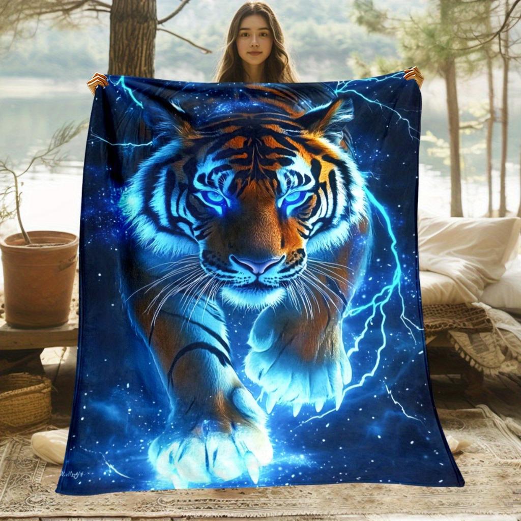 1pc Blue Lightning Tiger Portable Blanket | Lightweight Throw for Sofa Bed Travel Camping, Livingroom Office Couch Chair, and Bed - Digital