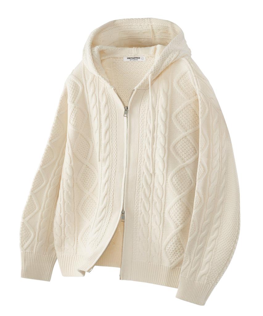 UNTAPPED STUDIO Oversized 2-Way Aran Cable Knit Zip-Up Hoodie 5 Colors