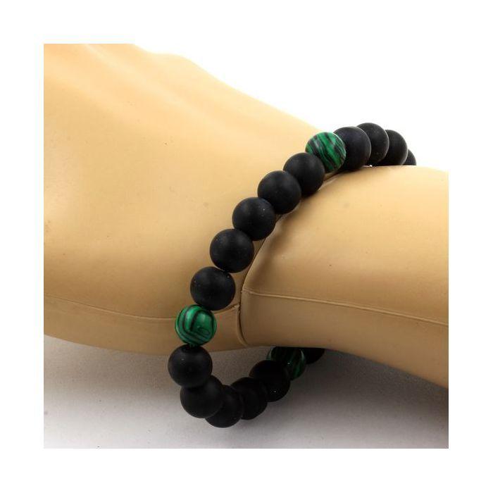 Pierres et Minéraux. Bracelet Perles Onyx noir mat + Malachite 8 mm. Fabriqué en France.