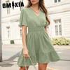 GMXIA Women's Summer Solid Color Deep V-Neck Elegant Ruffled Waist Dresses