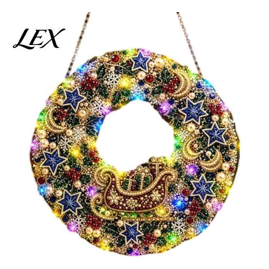Handcrafted Festive Light Decoration Christmas Diamond Painting Wreath Kit with LED String Lights, Snowman Pearl Art Special Shaped for Adults,
