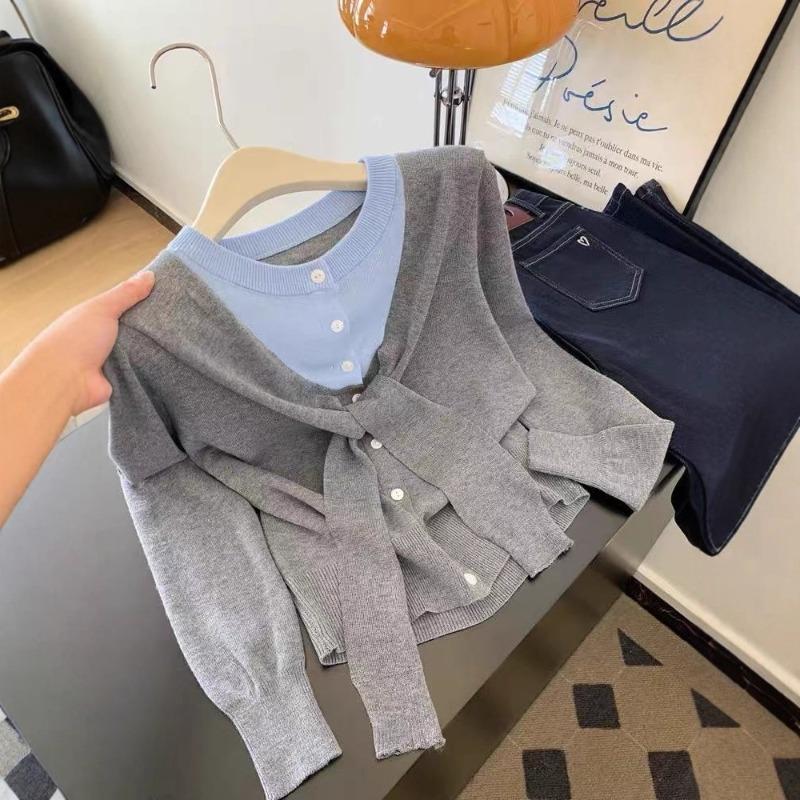 Contrasting Color Fake Two-piece Long-sleeved Knitted Sweater Women's Thin New High-end Top, Early Autumn Atmosphere Wear