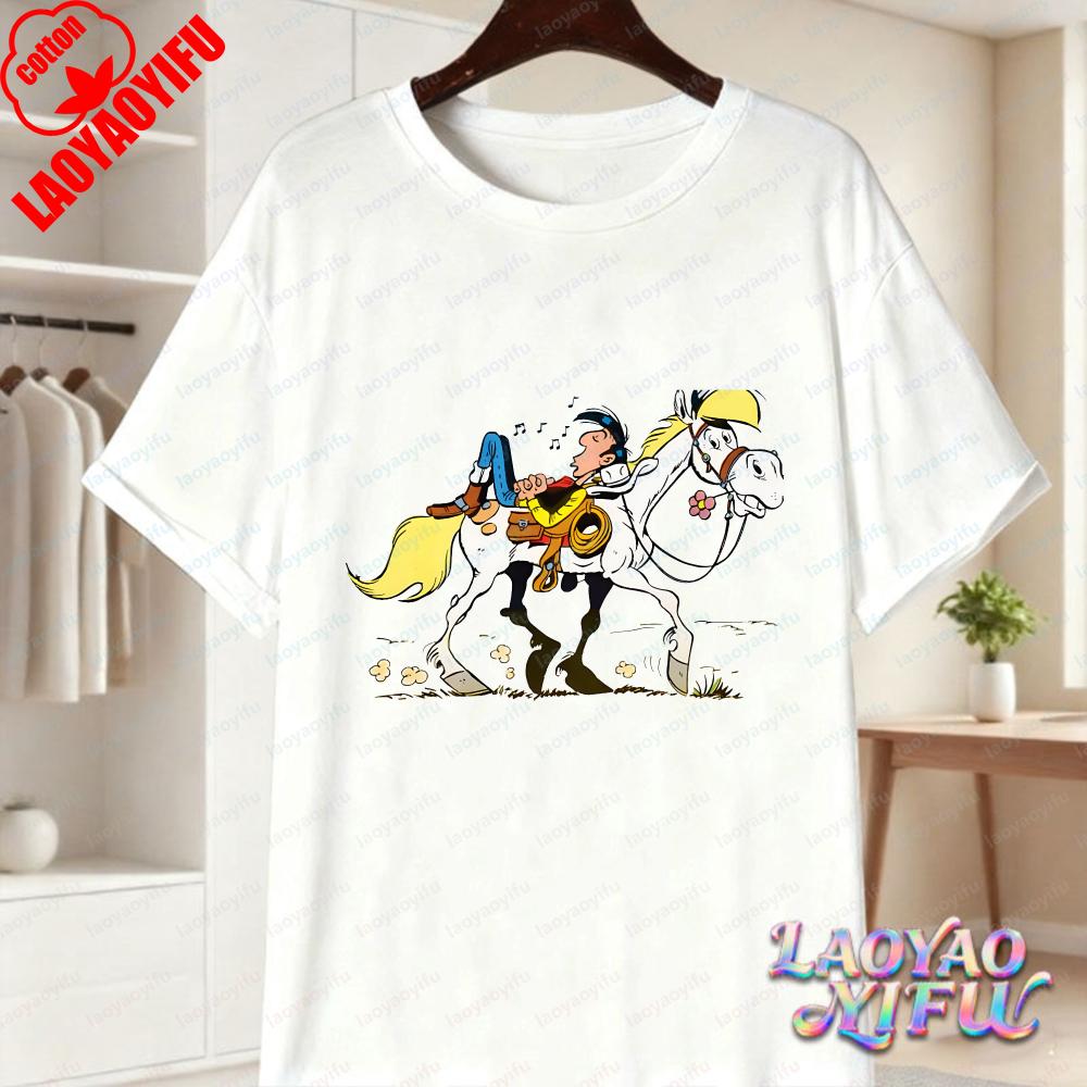 Смелая футболка с рисунком Lucky Luke Злодей Жонглирование Арт Модная футболка Подарок фанату Lucky Luke Летнее Развлечение Винтаж Комикс Хлопковые Топы Унисекс Одежда