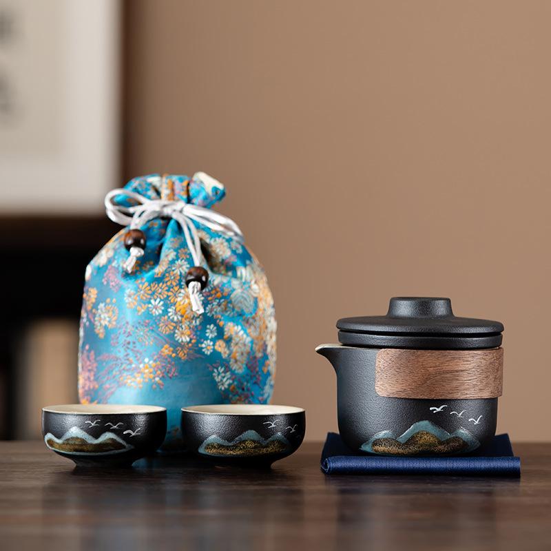 Retro zen black pottery green mountains flying birds outdoor travel ceramic express cup merchandise souvenir camping portable tea set