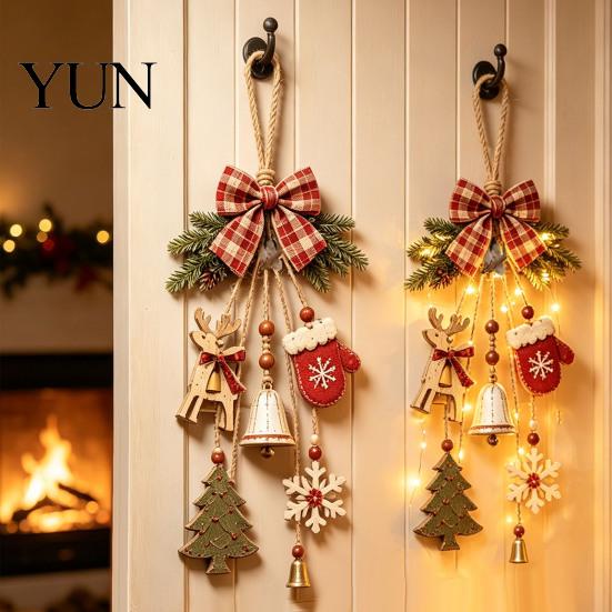Natural Wood Chip Christmas Crafts Rustic Wooden Hanging Pendant with LED Lights, Lighted Snowflake Gloves Tree And Reindeer Warm Holiday Decor